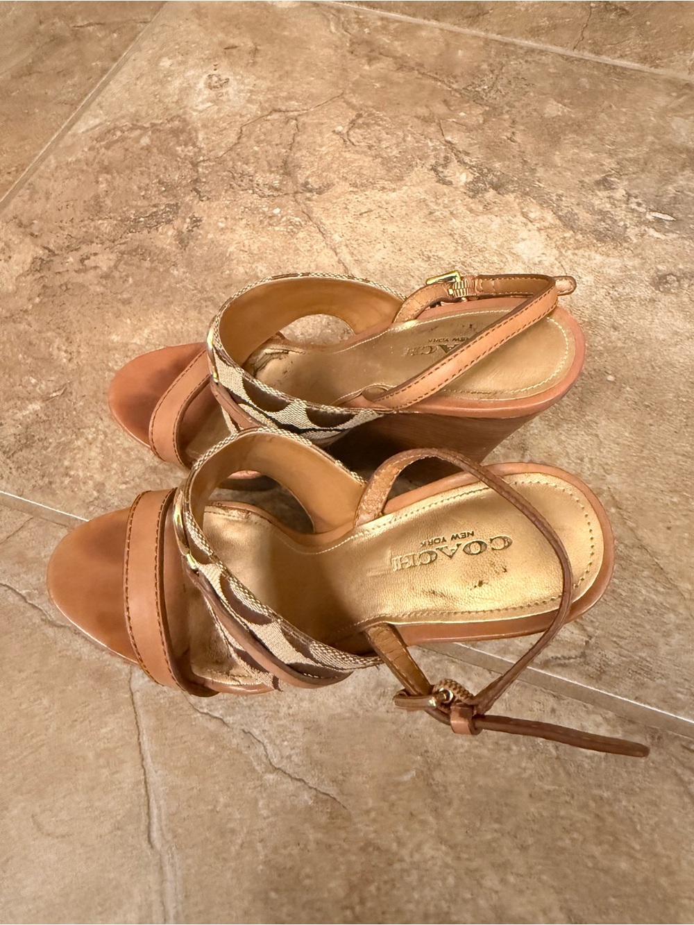 Coach Brown Leather & Signature Canvas Wedge Sandals